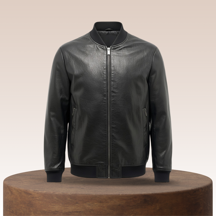 Raymund | Zip-Up Black Bomber Leather Jacket