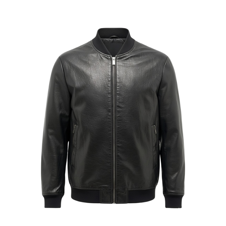 Raymund | Zip-Up Black Bomber Leather Jacket