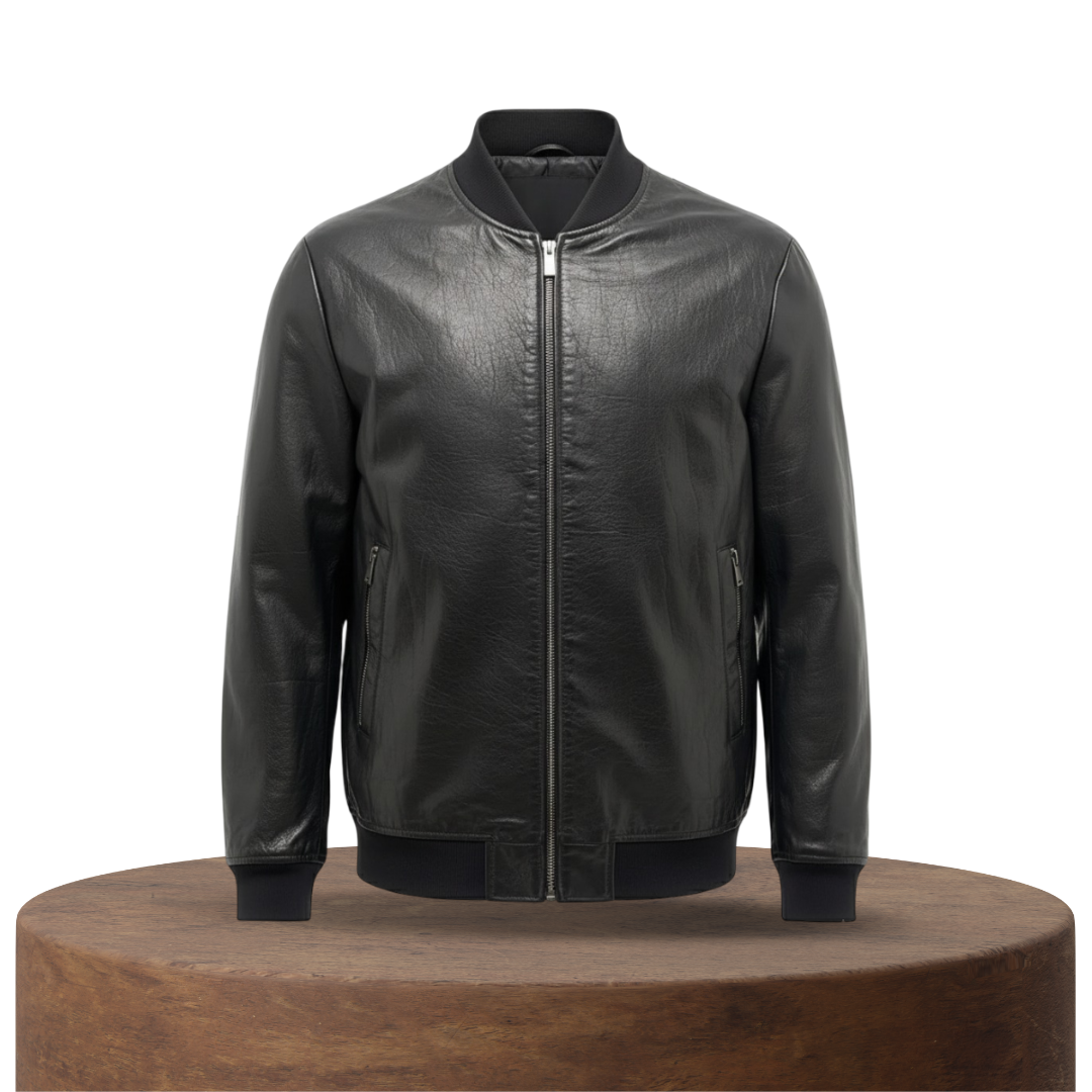 Raymund | Zip-Up Black Bomber Leather Jacket
